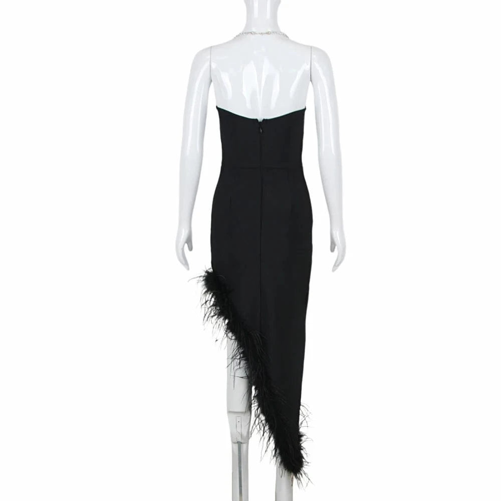 2024 Top Quality New Strapless Black Feathers Bandage Mini Dress Women's Sexy Celebrity Club Evening Dress