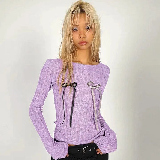 2024 Trending Products New Arrivals Custom High Quality Short T-shirt Early Autumn Loose Long Sleeve High Waist Tee