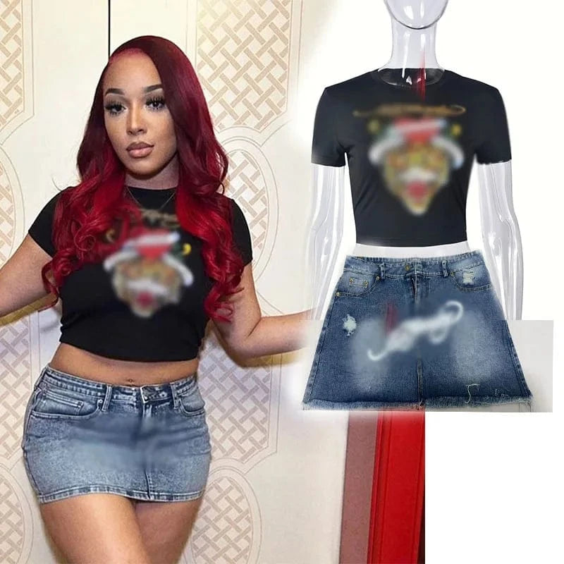 2024 trendy boutique designer digital print fashion t shirt and skirt 2 piece set for women