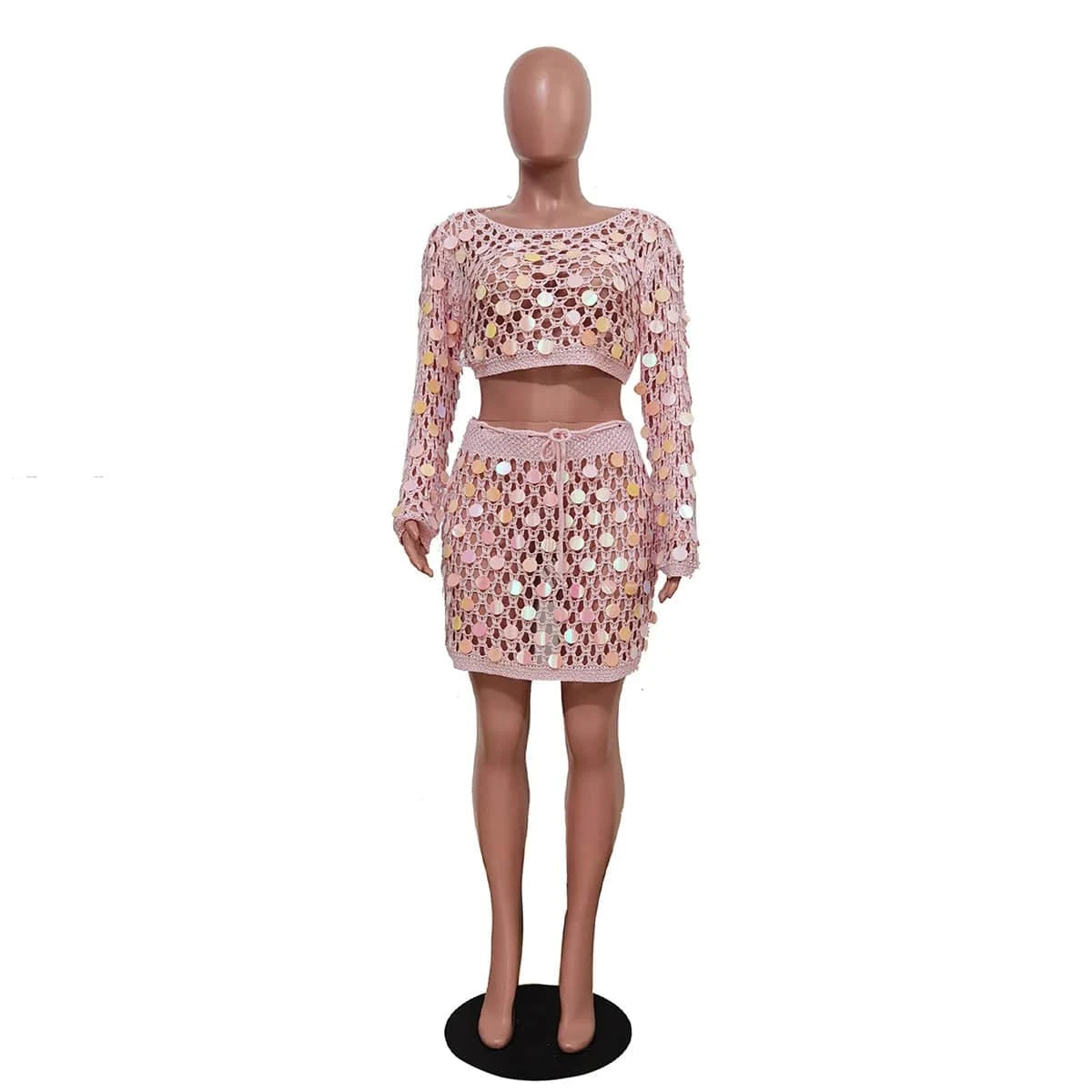 2024 trendy boutique S-2XL beachwear knitted sequined party 2 piece skirt set for women
