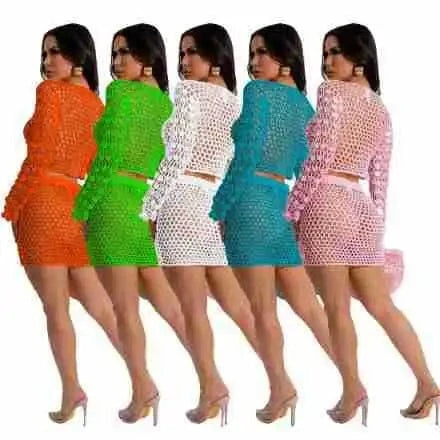 2024 trendy boutique S-2XL beachwear knitted sequined party 2 piece skirt set for women