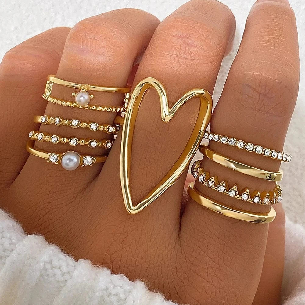 2024 Trendy Geometric Crystal Heart Rings Set Gold Moon Butterfly Green Stone diamond Knuckle Finger Ring Women Jewelry Gift