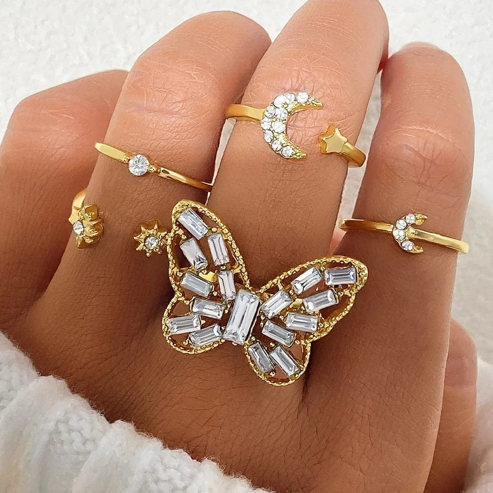 2024 Trendy Geometric Crystal Heart Rings Set Gold Moon Butterfly Green Stone diamond Knuckle Finger Ring Women Jewelry Gift
