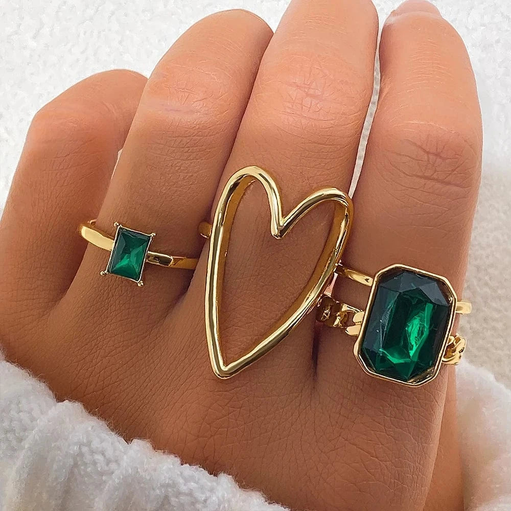 2024 Trendy Geometric Crystal Heart Rings Set Gold Moon Butterfly Green Stone diamond Knuckle Finger Ring Women Jewelry Gift