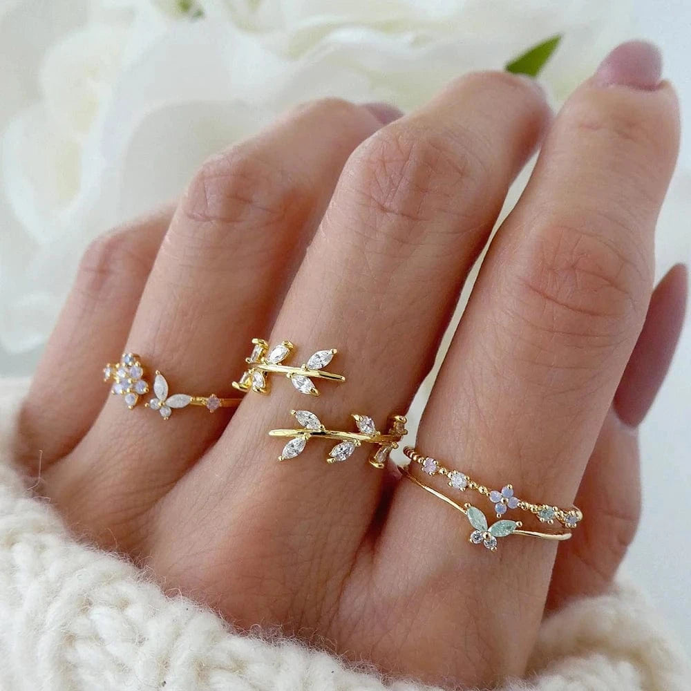 2024 Trendy Geometric Crystal Heart Rings Set Gold Moon Butterfly Green Stone diamond Knuckle Finger Ring Women Jewelry Gift