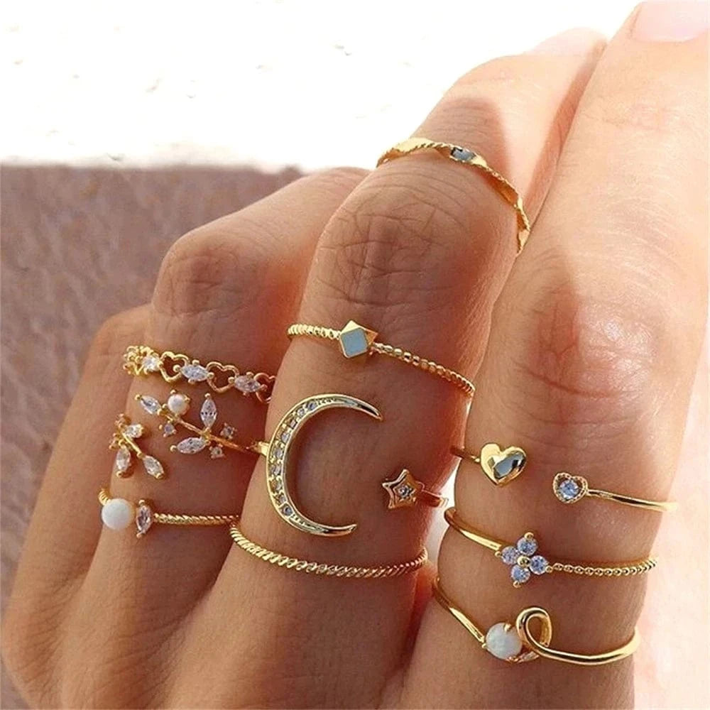 2024 Trendy Geometric Crystal Heart Rings Set Gold Moon Butterfly Green Stone diamond Knuckle Finger Ring Women Jewelry Gift