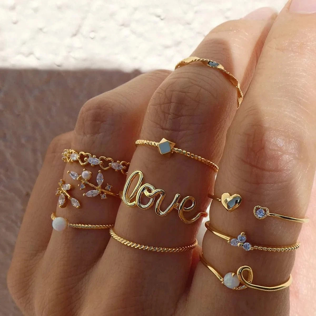 2024 Trendy Geometric Crystal Heart Rings Set Gold Moon Butterfly Green Stone diamond Knuckle Finger Ring Women Jewelry Gift