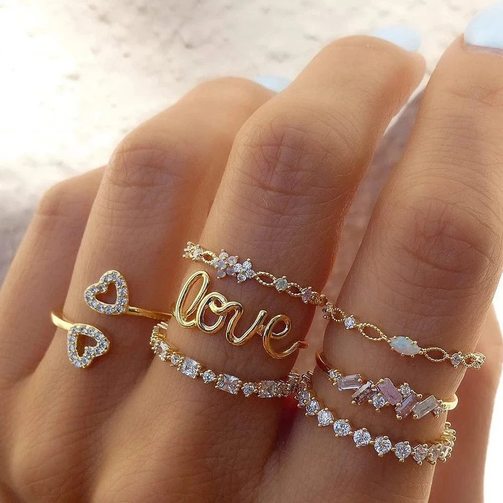 2024 Trendy Geometric Crystal Heart Rings Set Gold Moon Butterfly Green Stone diamond Knuckle Finger Ring Women Jewelry Gift