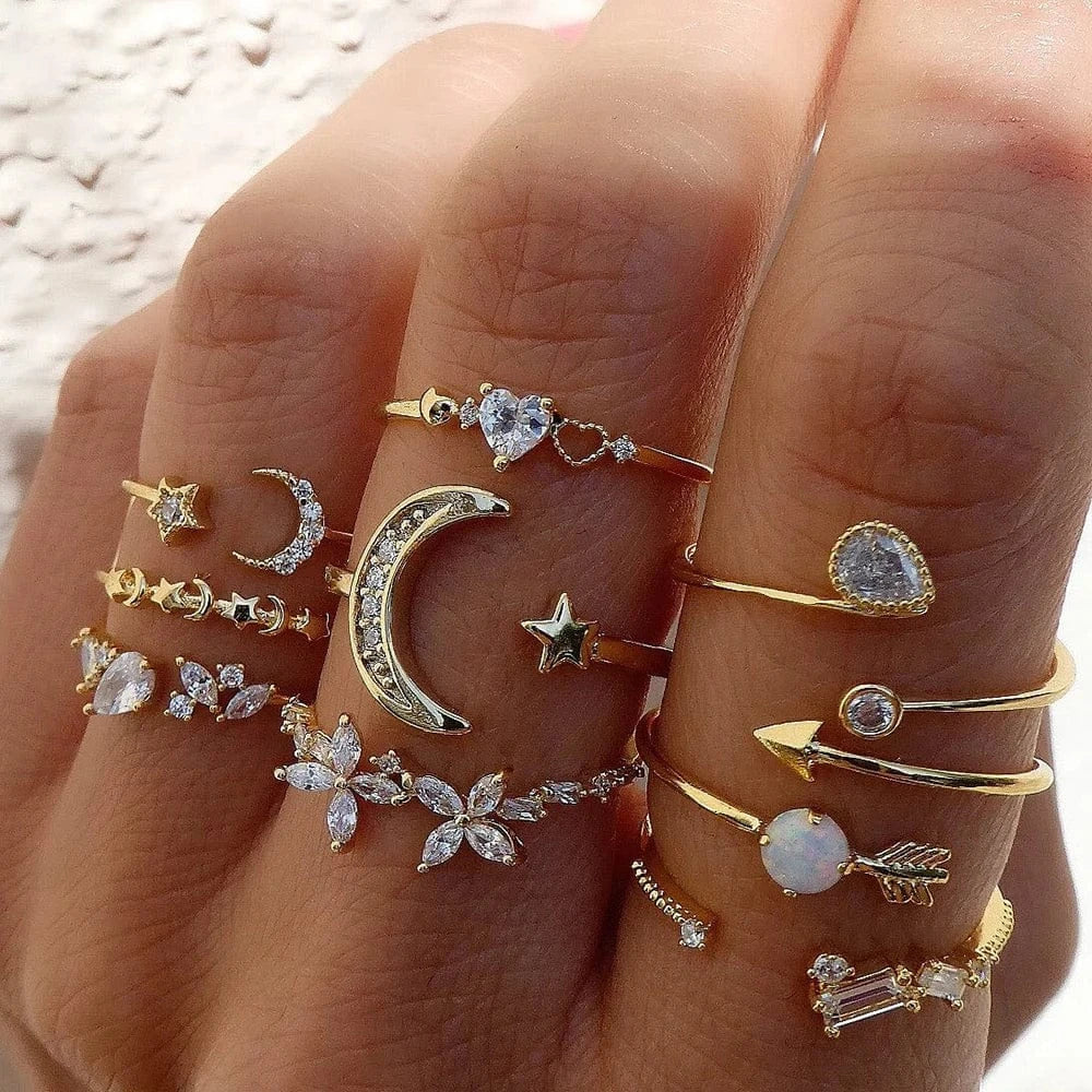 2024 Trendy Geometric Crystal Heart Rings Set Gold Moon Butterfly Green Stone diamond Knuckle Finger Ring Women Jewelry Gift