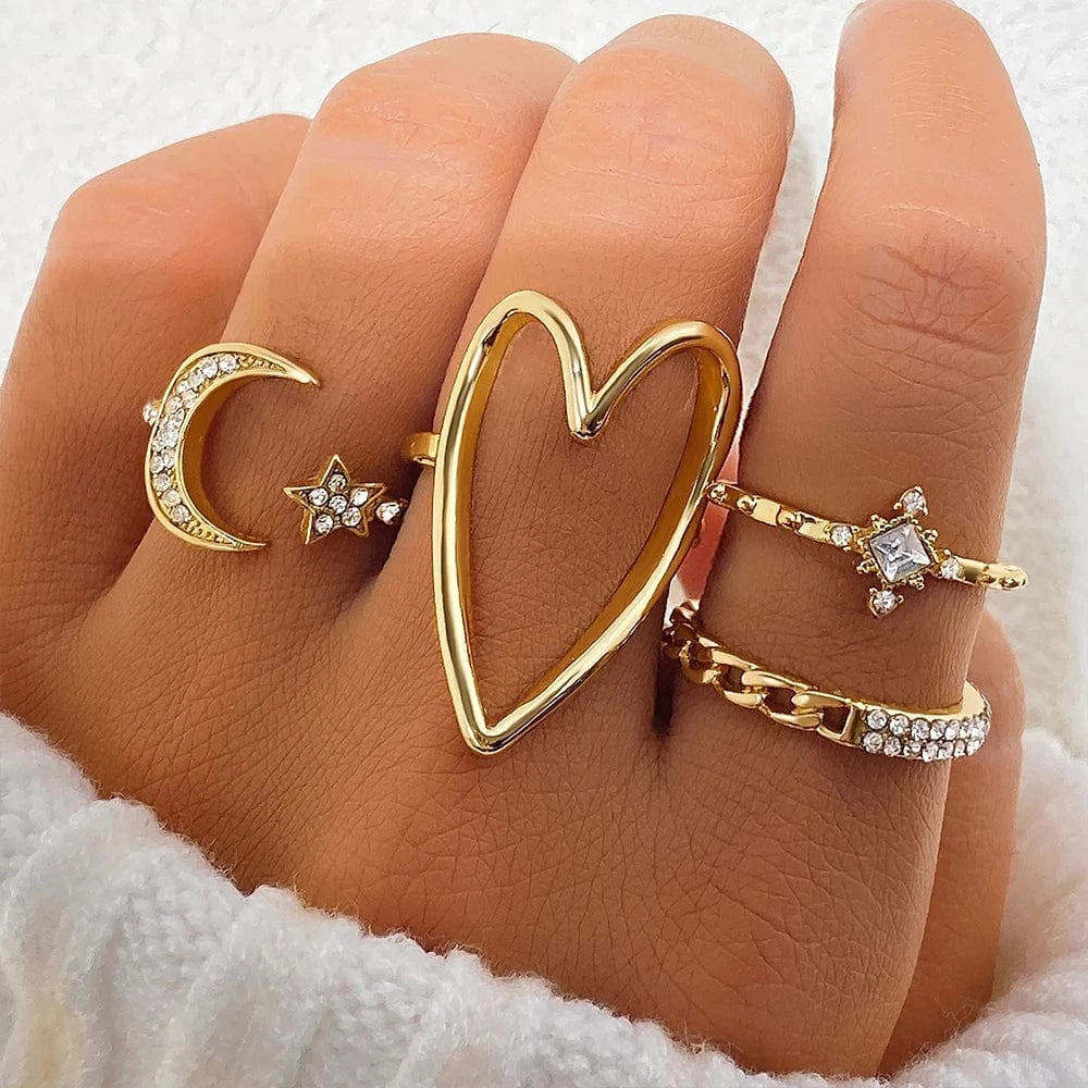 2024 Trendy Geometric Crystal Heart Rings Set Gold Moon Butterfly Green Stone diamond Knuckle Finger Ring Women Jewelry Gift
