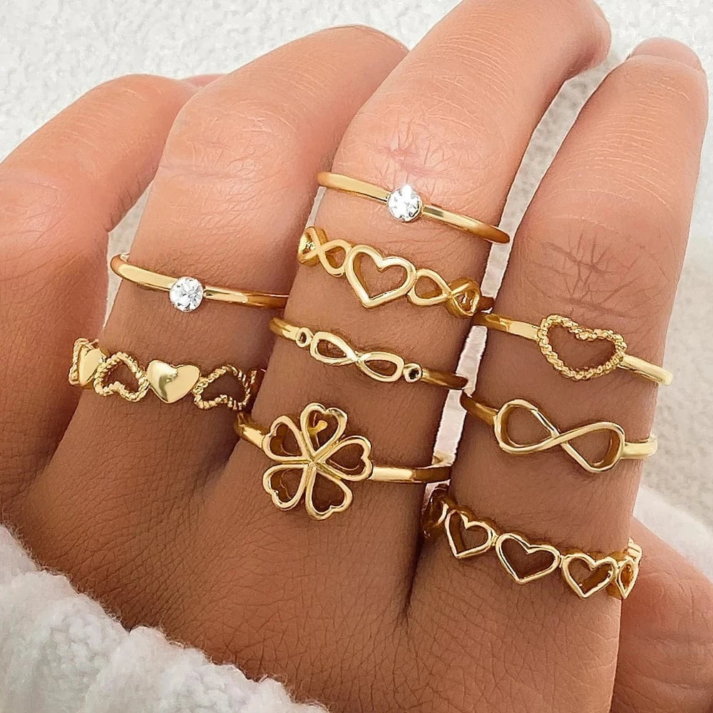 2024 Trendy Geometric Crystal Heart Rings Set Gold Moon Butterfly Green Stone diamond Knuckle Finger Ring Women Jewelry Gift