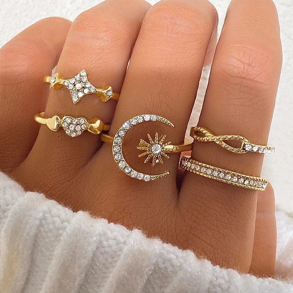 2024 Trendy Geometric Crystal Heart Rings Set Gold Moon Butterfly Green Stone diamond Knuckle Finger Ring Women Jewelry Gift