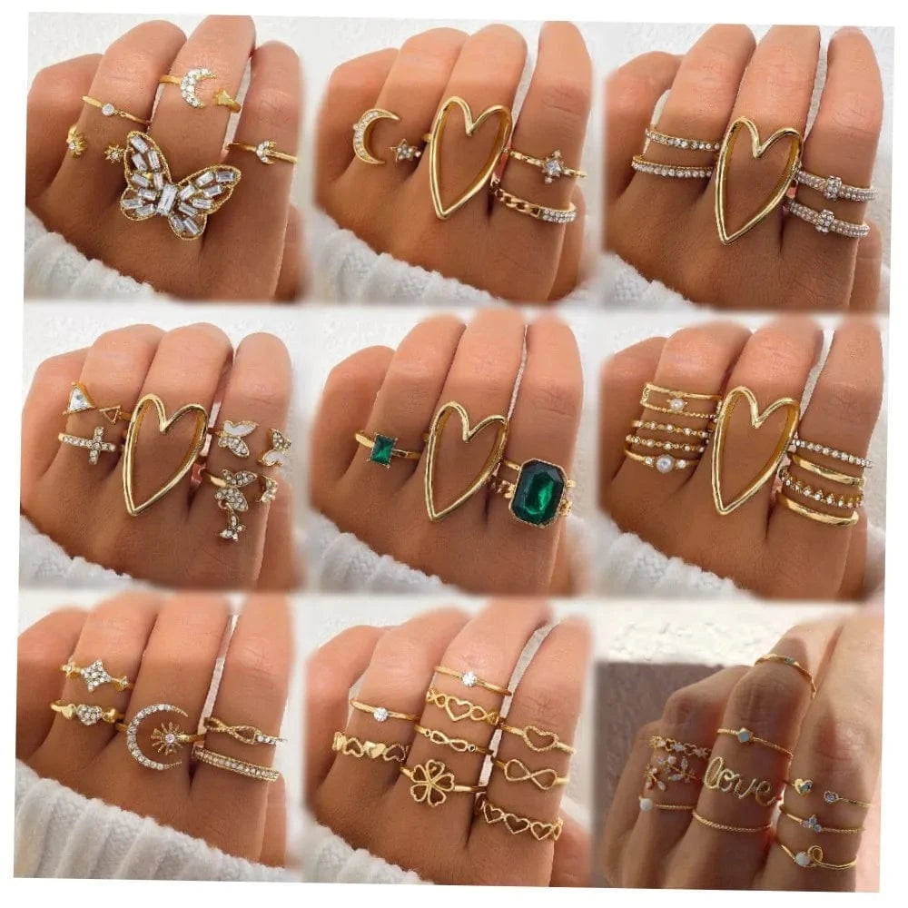 2024 Trendy Geometric Crystal Heart Rings Set Gold Moon Butterfly Green Stone diamond Knuckle Finger Ring Women Jewelry Gift