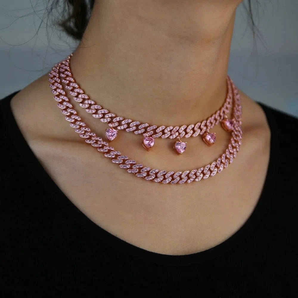 2024 Valentine's Day Gift for girlfriend iced out bing cuban chain white sparking bling 5 heart charm diamond necklace