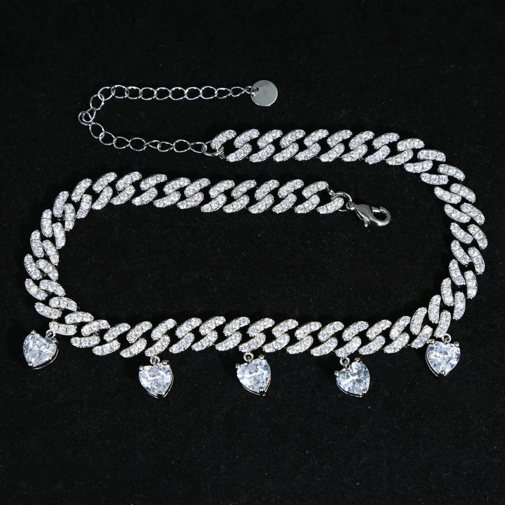 2024 Valentine's Day Gift for girlfriend iced out bing cuban chain white sparking bling 5 heart charm diamond necklace