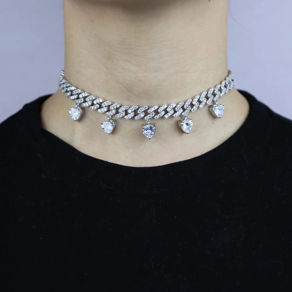 2024 Valentine's Day Gift for girlfriend iced out bing cuban chain white sparking bling 5 heart charm diamond necklace