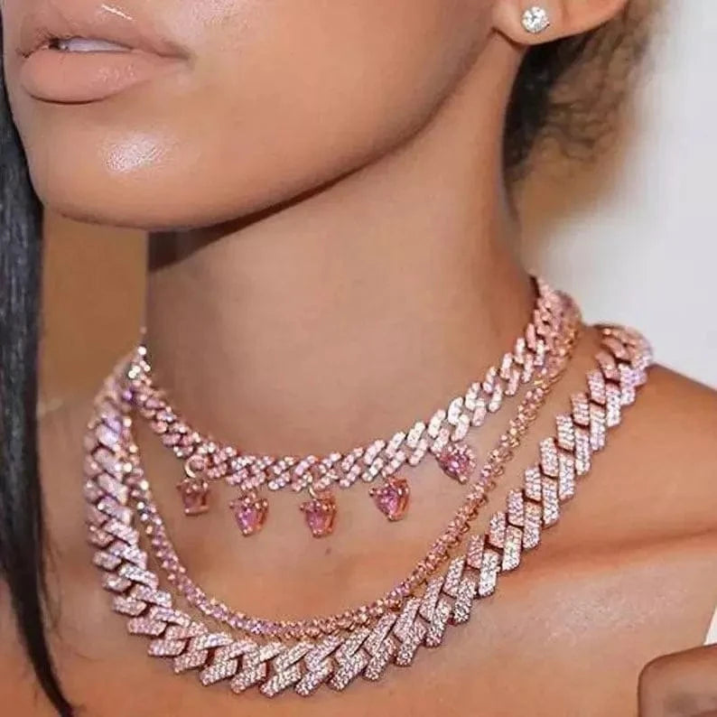 2024 Valentine's Day Gift for girlfriend iced out bing cuban chain white sparking bling 5 heart charm diamond necklace