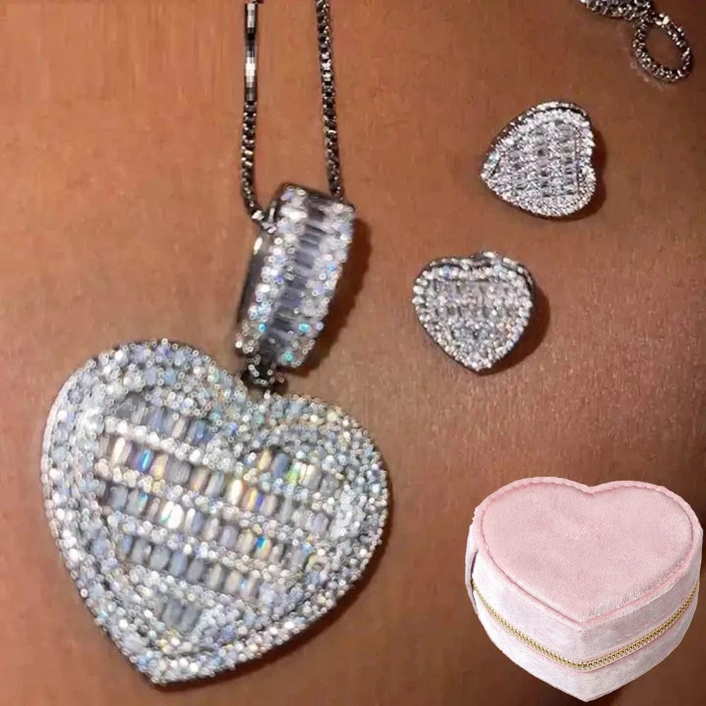 2024 Valentine's Day Gift new fashion iced out bling rectangle cz heart shaped pendant women necklace wholesale in stock