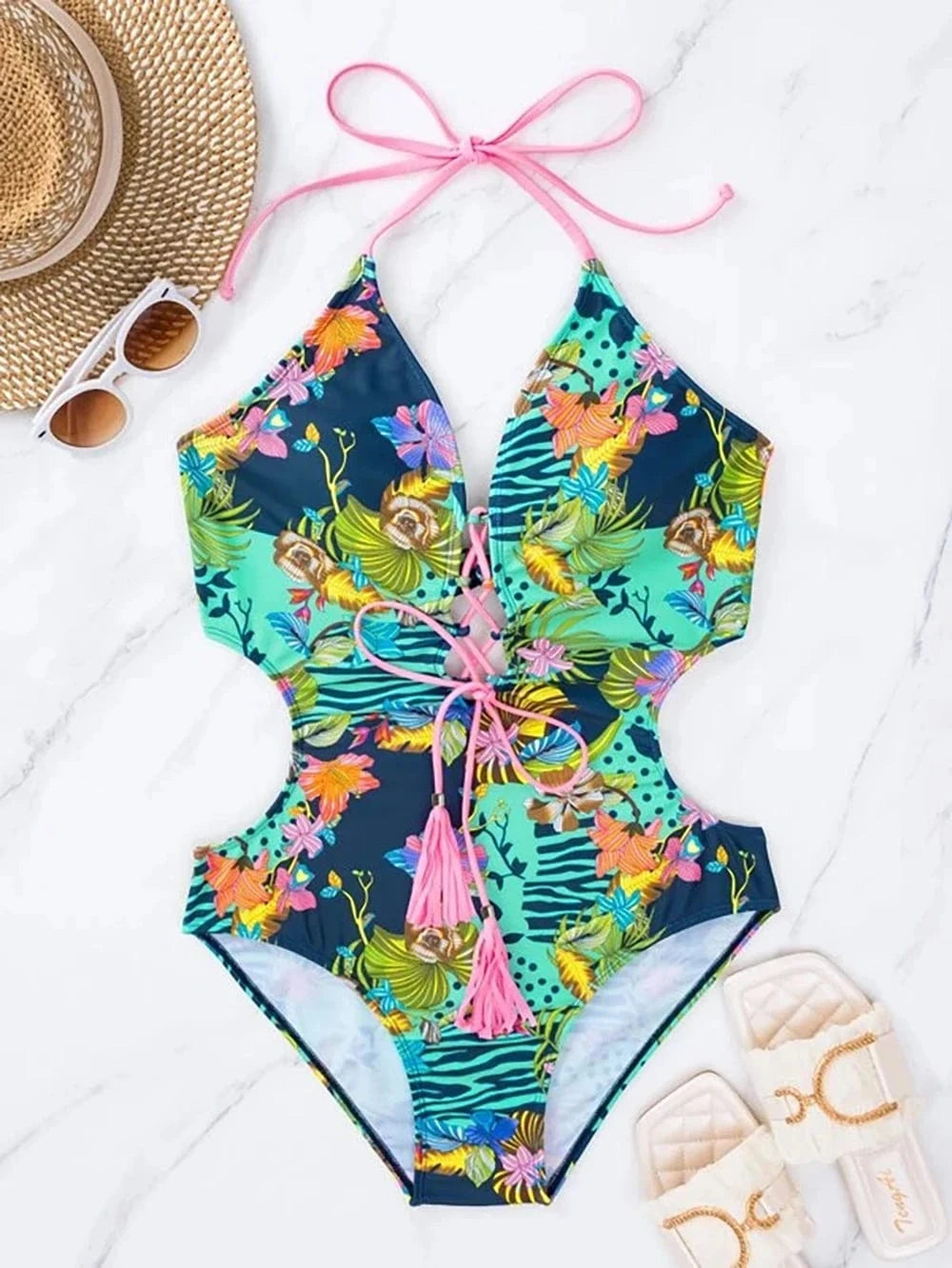 2024 Vintage Lace Up Print One Piece Swimwear Hollow Out Swimsuit Women Sexy Backless Bathing Suit Beachwear 2024 Summer