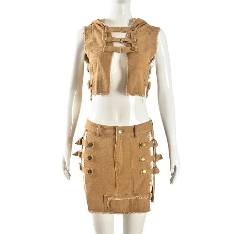 2024 Washed Denim 2 Piece Set Women Fashion Hooded Crop Tank Tops and Tassels Mini Skirts Suits