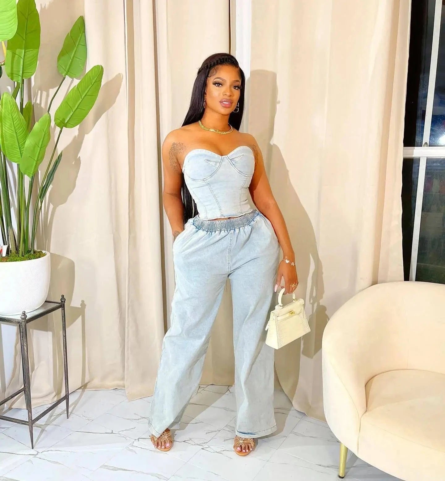 2024 washed two piece jean denim corset top pants set for women