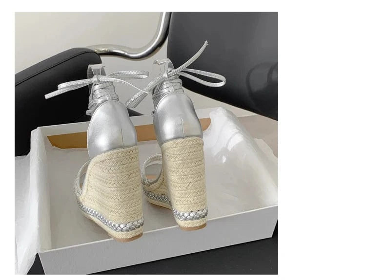 2024 wedge super high heel sandals straw straps fashionable open toe thick sole women's shoes