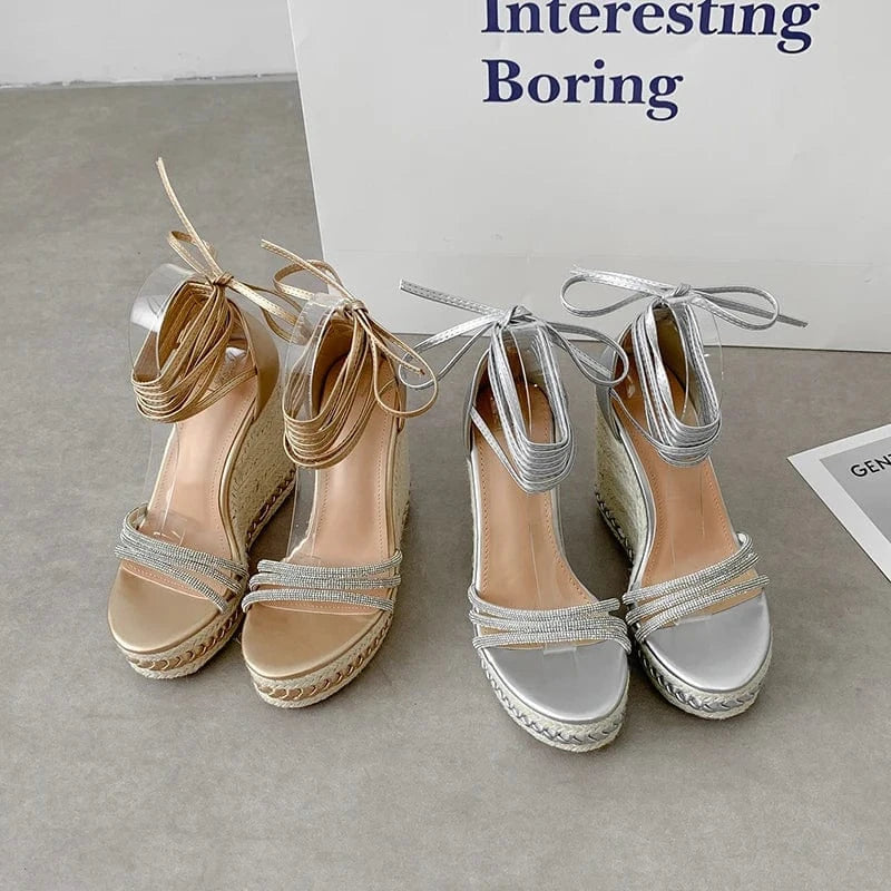 2024 wedge super high heel sandals straw straps fashionable open toe thick sole women's shoes