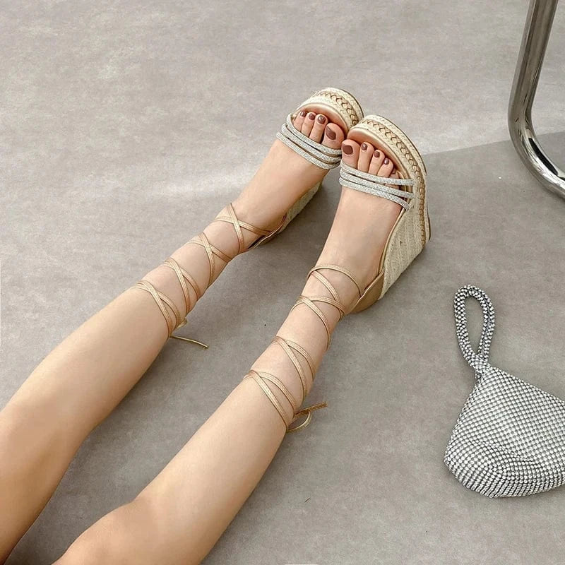 2024 wedge super high heel sandals straw straps fashionable open toe thick sole women's shoes