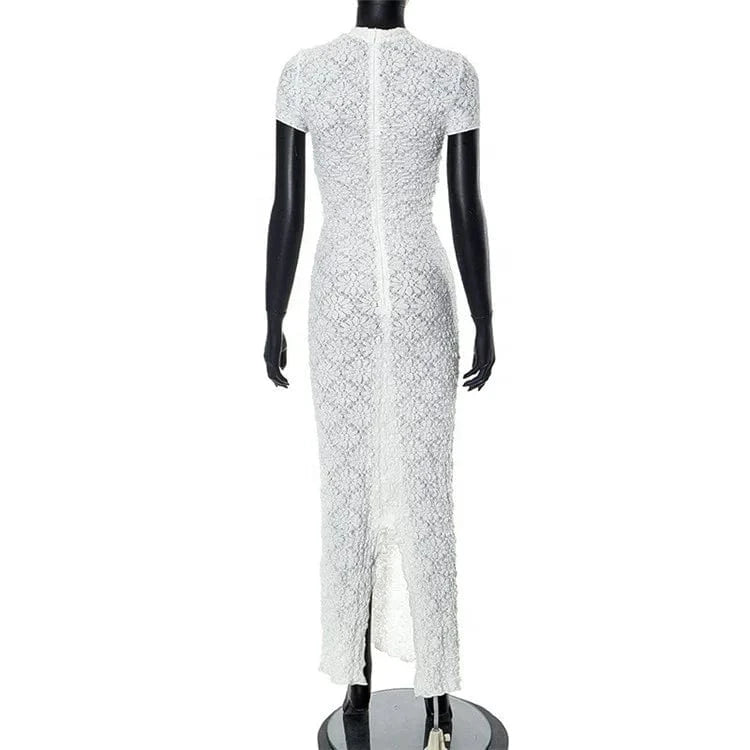 2024 White Short Sleeve O Neck Slim Lace Pleat Dress For Women Elegant Formal Prom Dress