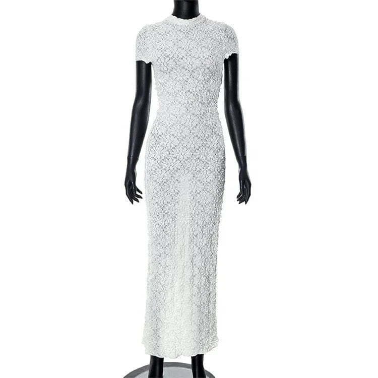 2024 White Short Sleeve O Neck Slim Lace Pleat Dress For Women Elegant Formal Prom Dress