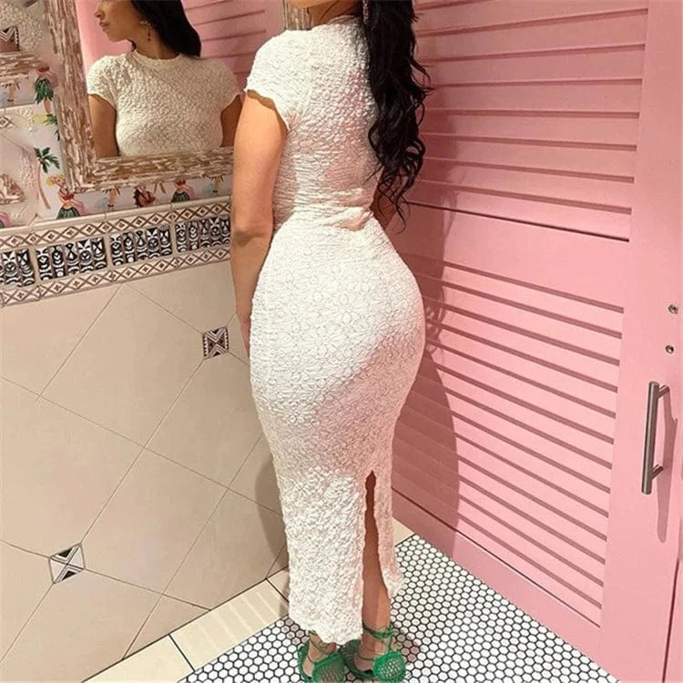 2024 White Short Sleeve O Neck Slim Lace Pleat Dress For Women Elegant Formal Prom Dress