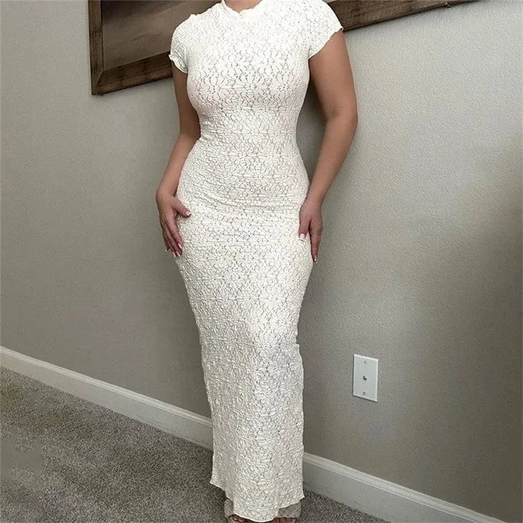 2024 White Short Sleeve O Neck Slim Lace Pleat Dress For Women Elegant Formal Prom Dress