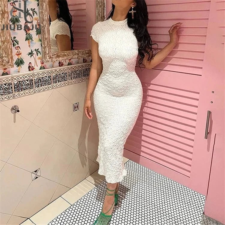 2024 White Short Sleeve O Neck Slim Lace Pleat Dress For Women Elegant Formal Prom Dress