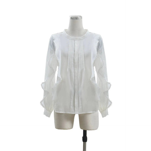 2024 White Vintage French Style Lady Elegant Ruffles Top Round Collar Long Sleeve Lace Patchwork Women Solid Blouse