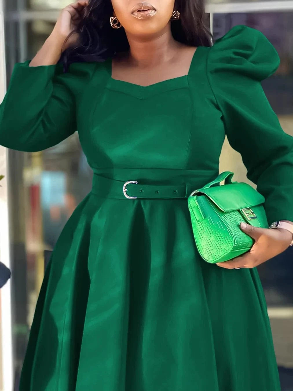 2024 Wholesale African women's clothing elegant long puff sleeve square neck solid color maxi plus size dresses