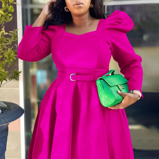 2024 Wholesale African women's clothing elegant long puff sleeve square neck solid color maxi plus size dresses
