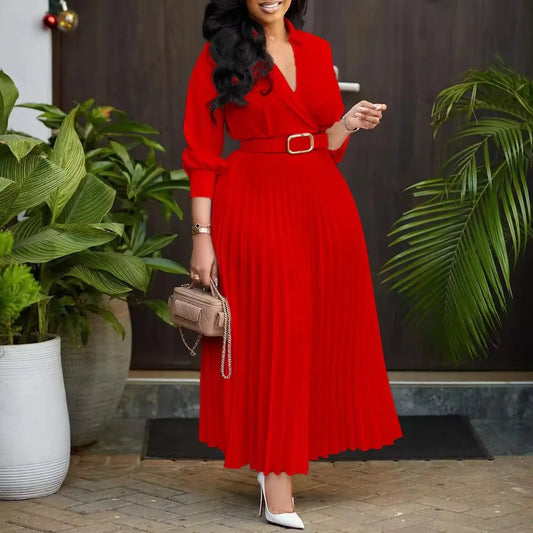 2024 Wholesale Ladies Long Dress With Belt Women's clothing Party Pleated Dress Long Sleeve Women's Dresses