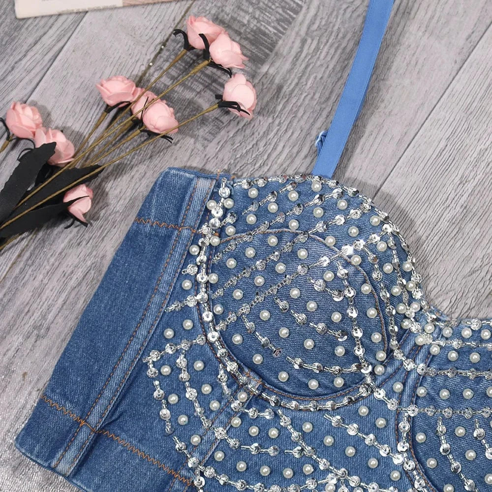 2024 Wholesale Luxury Corset Design Diamonds Beading Denim Crop Tops for Women Sexy Camis