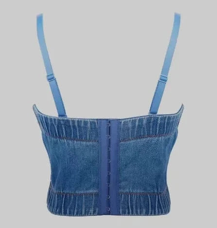 2024 Wholesale Luxury Corset Design Diamonds Beading Denim Crop Tops for Women Sexy Camis