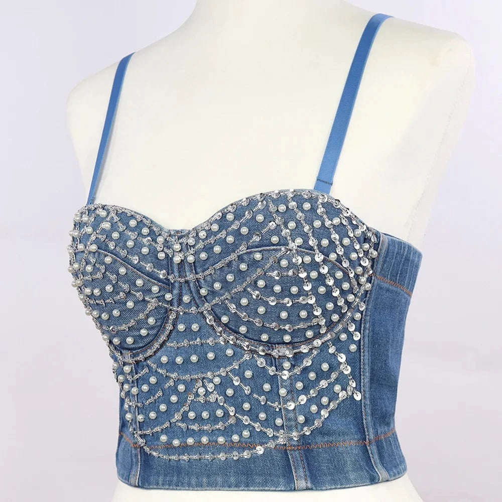 2024 Wholesale Luxury Corset Design Diamonds Beading Denim Crop Tops for Women Sexy Camis