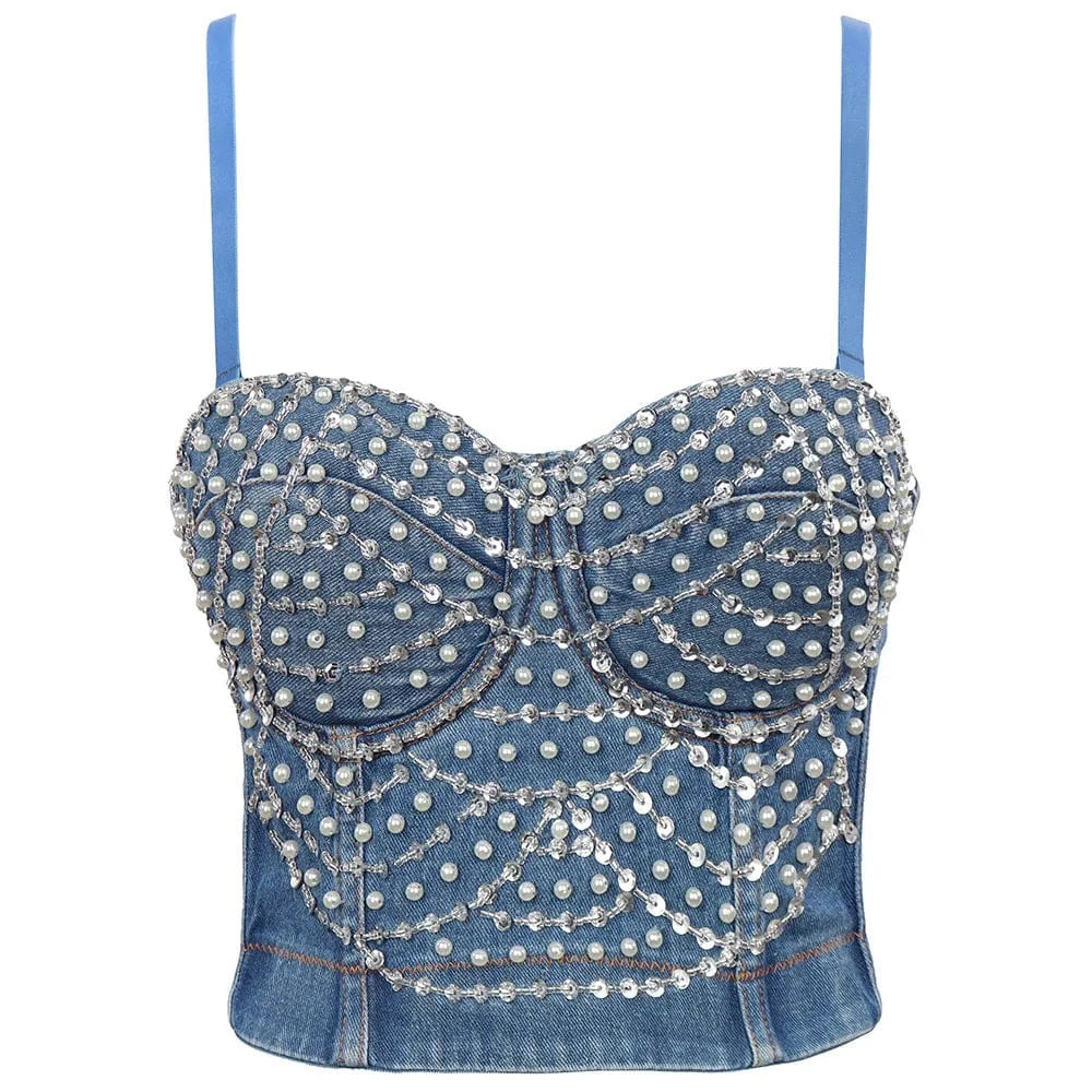 2024 Wholesale Luxury Corset Design Diamonds Beading Denim Crop Tops for Women Sexy Camis