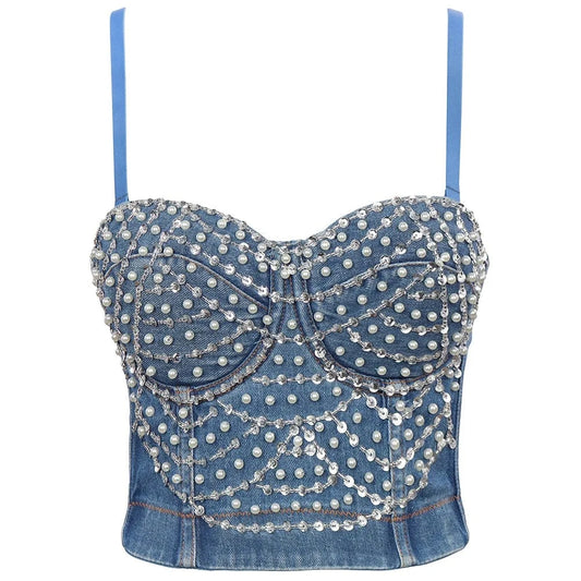 2024 Wholesale Luxury Corset Design Diamonds Beading Denim Crop Tops for Women Sexy Camis