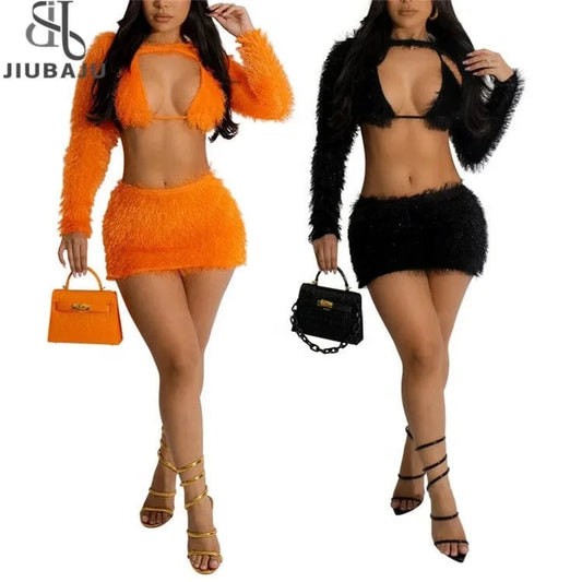 2024 Winter Long Sleeve Fluffy Plush Cut Out Backless Mini Dress Women Short Skirt + Bra + Cropped Coat 3 Piece Sets