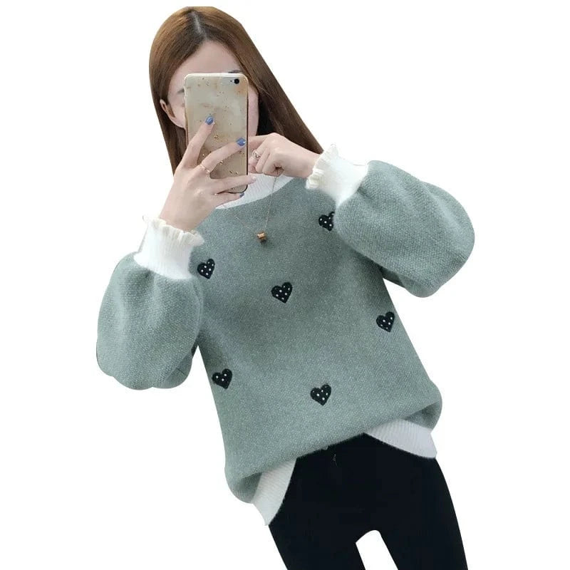2024 Winter New arrival Lovely girls middle high neck long sleeve loose fit heart shape embroidery chenille Sweater