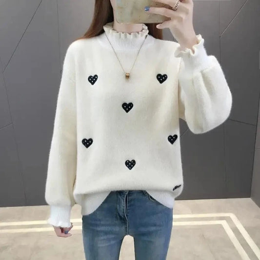 2024 Winter New arrival Lovely girls middle high neck long sleeve loose fit heart shape embroidery chenille Sweater