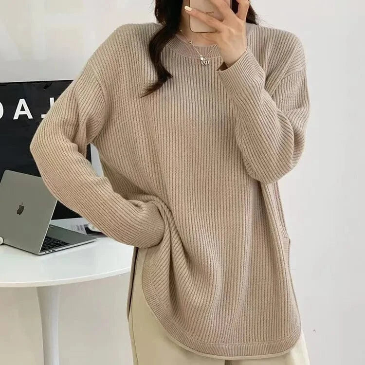 2024 Winter new arrivals women's solid color O-collar long-sleeved loose pullover sweater