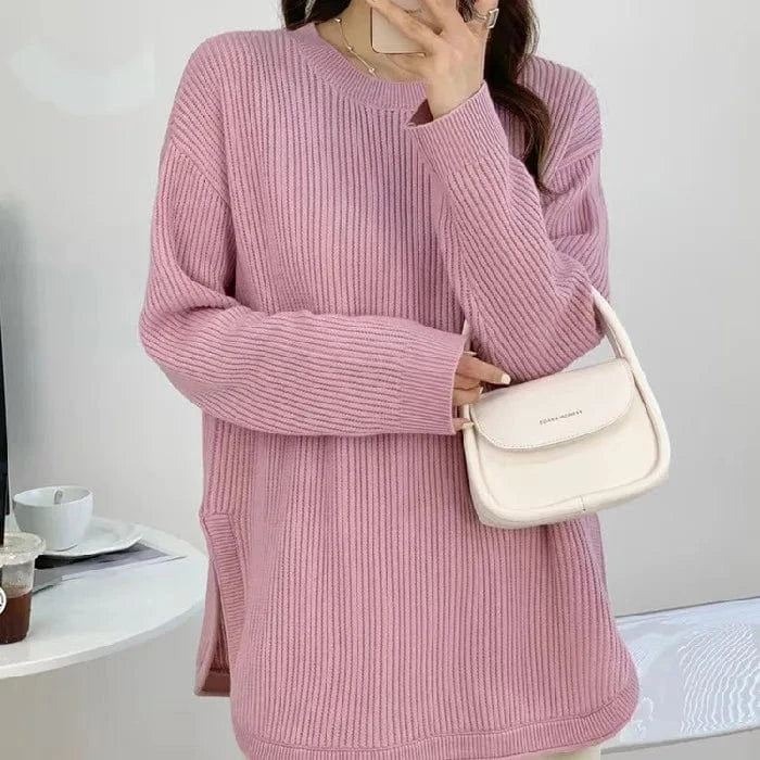 2024 Winter new arrivals women's solid color O-collar long-sleeved loose pullover sweater