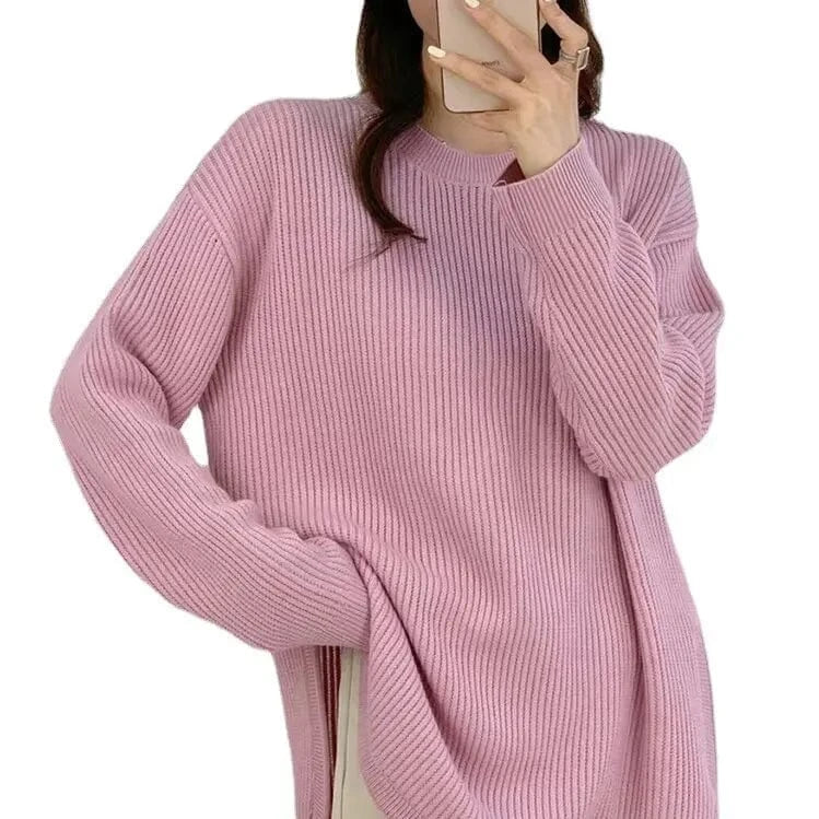 2024 Winter new arrivals women's solid color O-collar long-sleeved loose pullover sweater