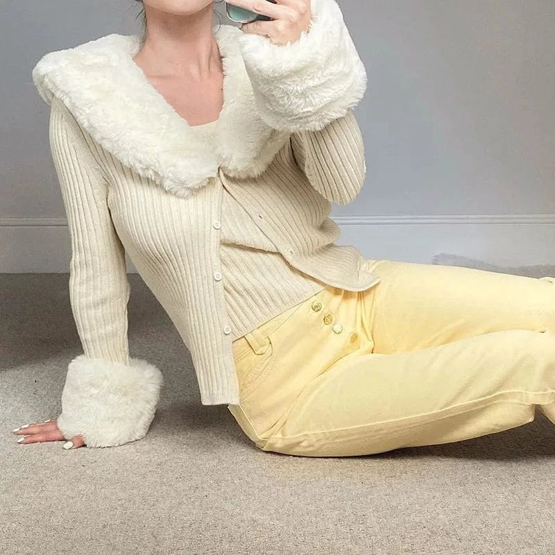 2024 winter new long sleeve top sexy wool collar knitted solid color cardigan