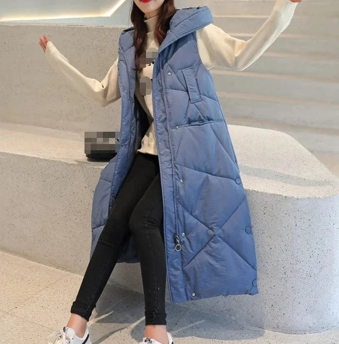 2024 Winter Thicken Warm Hooded Long Bubble Coat Fashion Cotton-Padded Jacket Sleeveless Puffer Vest For Women
